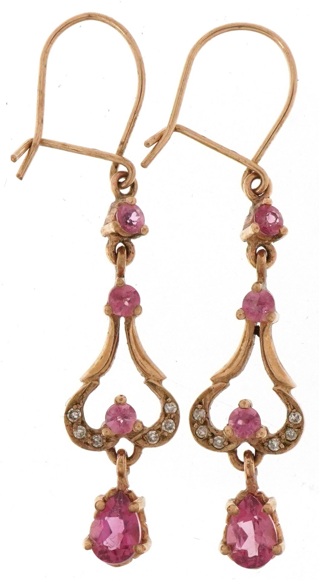 Pair of antique style unmarked gold garnet and diamond drop earrings, each 4.2cm high, total 3.0g