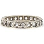 9ct white gold clear spinel eternity ring engraved with foliage, size K/L, 2.0g