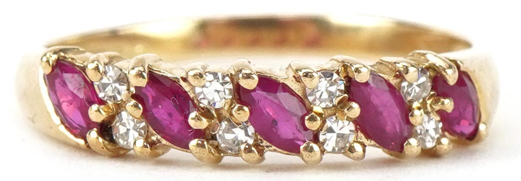 9ct gold ruby and diamond thirteen stone half eternity ring, size P, 1.9g