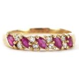 9ct gold ruby and diamond thirteen stone half eternity ring, size P, 1.9g