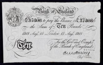 Bank of England 1918 white ten pound note, Chief Cashier Harvey, serial number 48K 37308