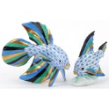 Herend, Hungarian hand painted porcelain fishnet pattern Angel fish and Betta fish, the largest 8.