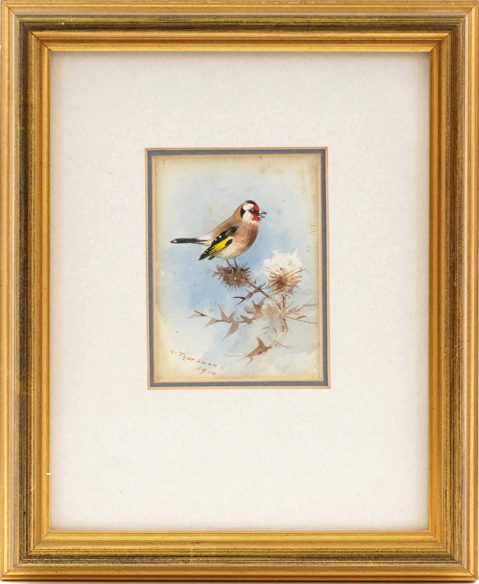Archibald Thorburn - Goldfinch on a thistle, watercolour, New Year card sent to me by Archibald - Image 2 of 5