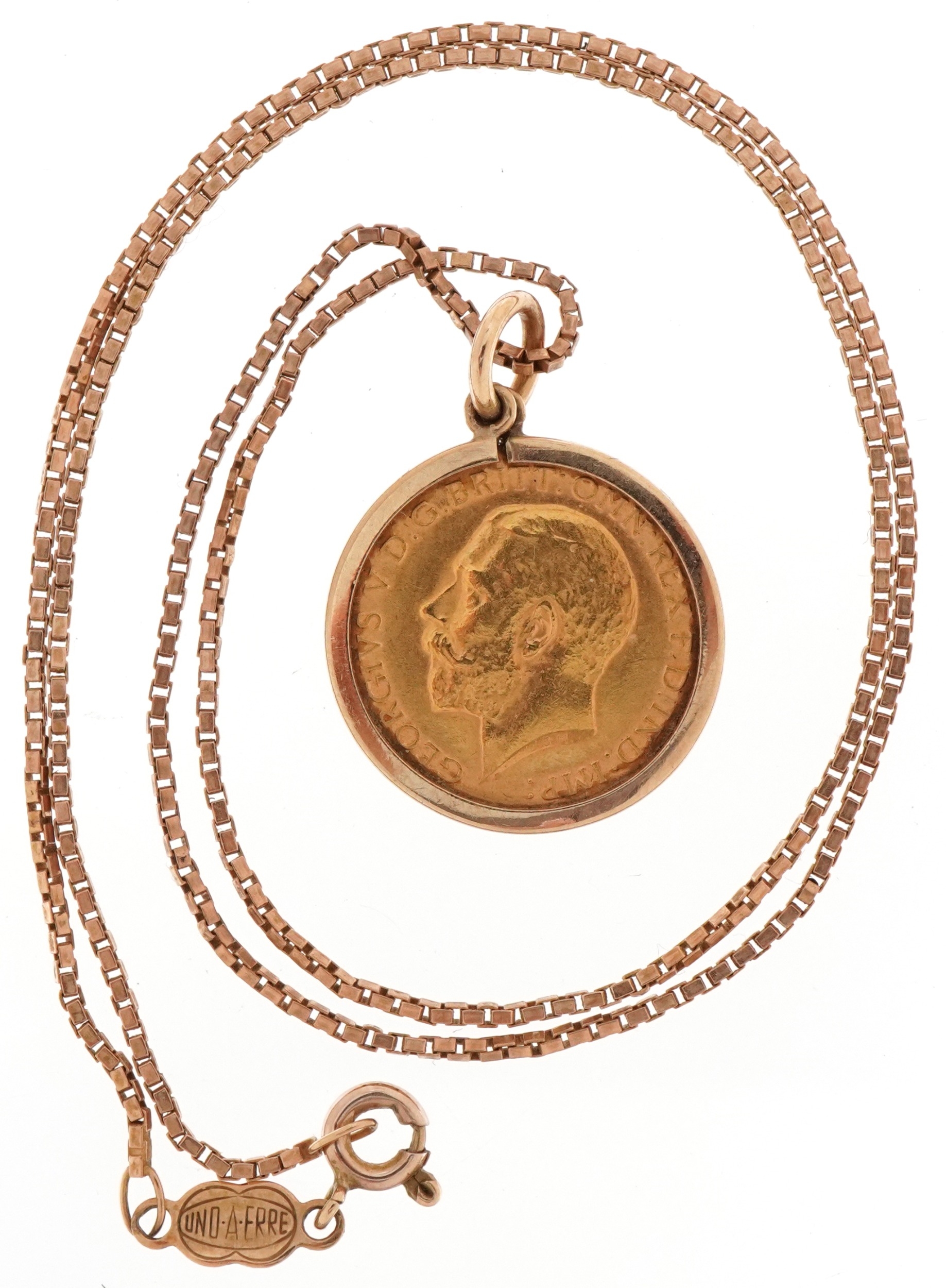 George V 1913 gold half sovereign with 9ct gold pendant mount on an Italian Unoaerre 9ct gold - Image 3 of 5