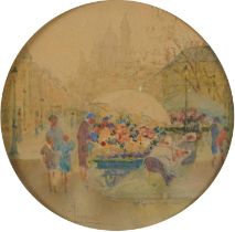 L Acoquat - Continental market scene, early 20th century circular pencil and watercolour,