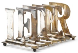 Early 20th century silver plated brass five section letter rack, 20.5cm wide