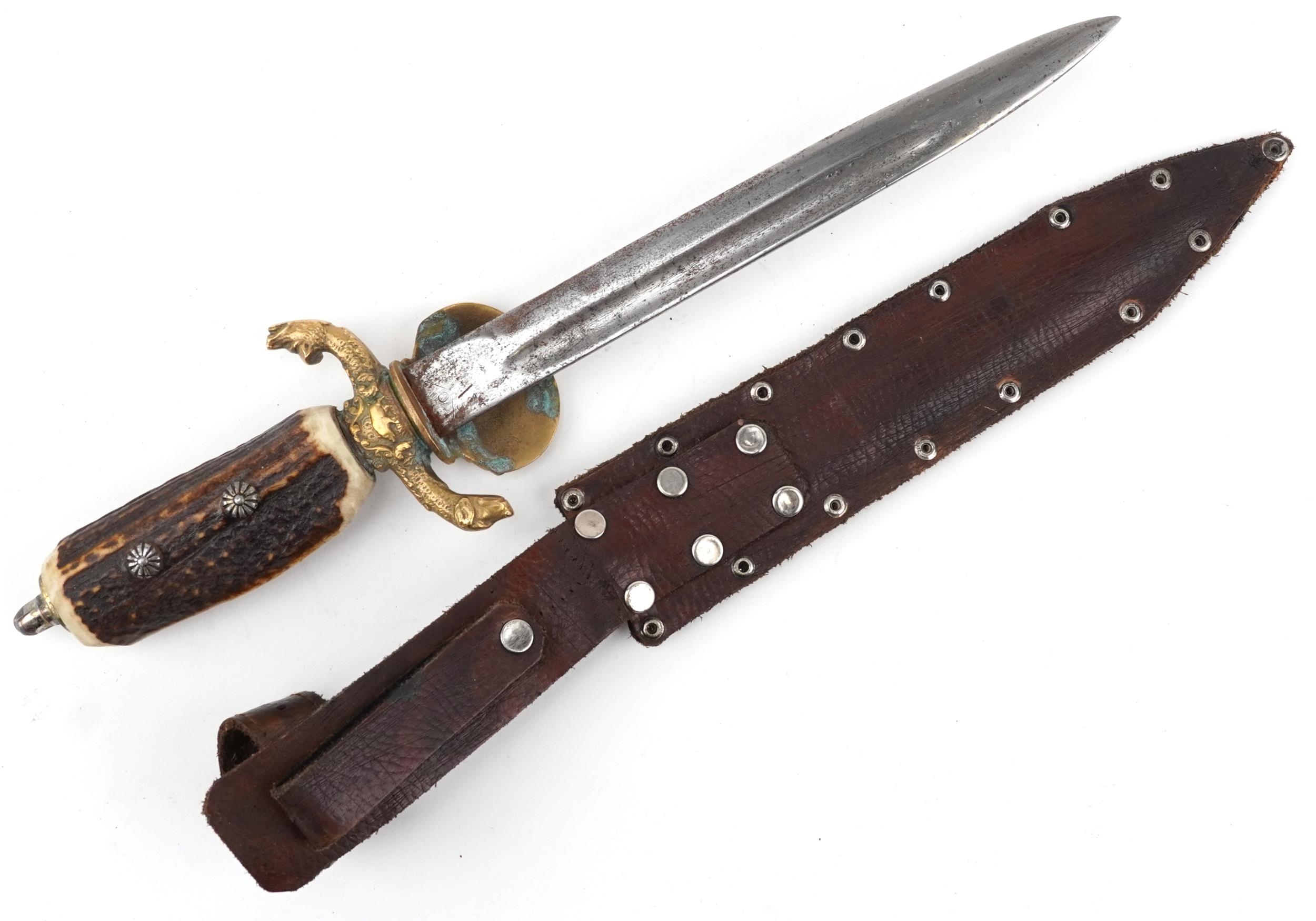German military interest hunting knife with leather sheath, staghorn handle and steel blade having - Image 2 of 3