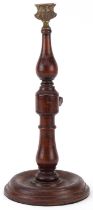 Victorian mahogany and brass rise and fall candlestick with brass sconce, 31cm when closed