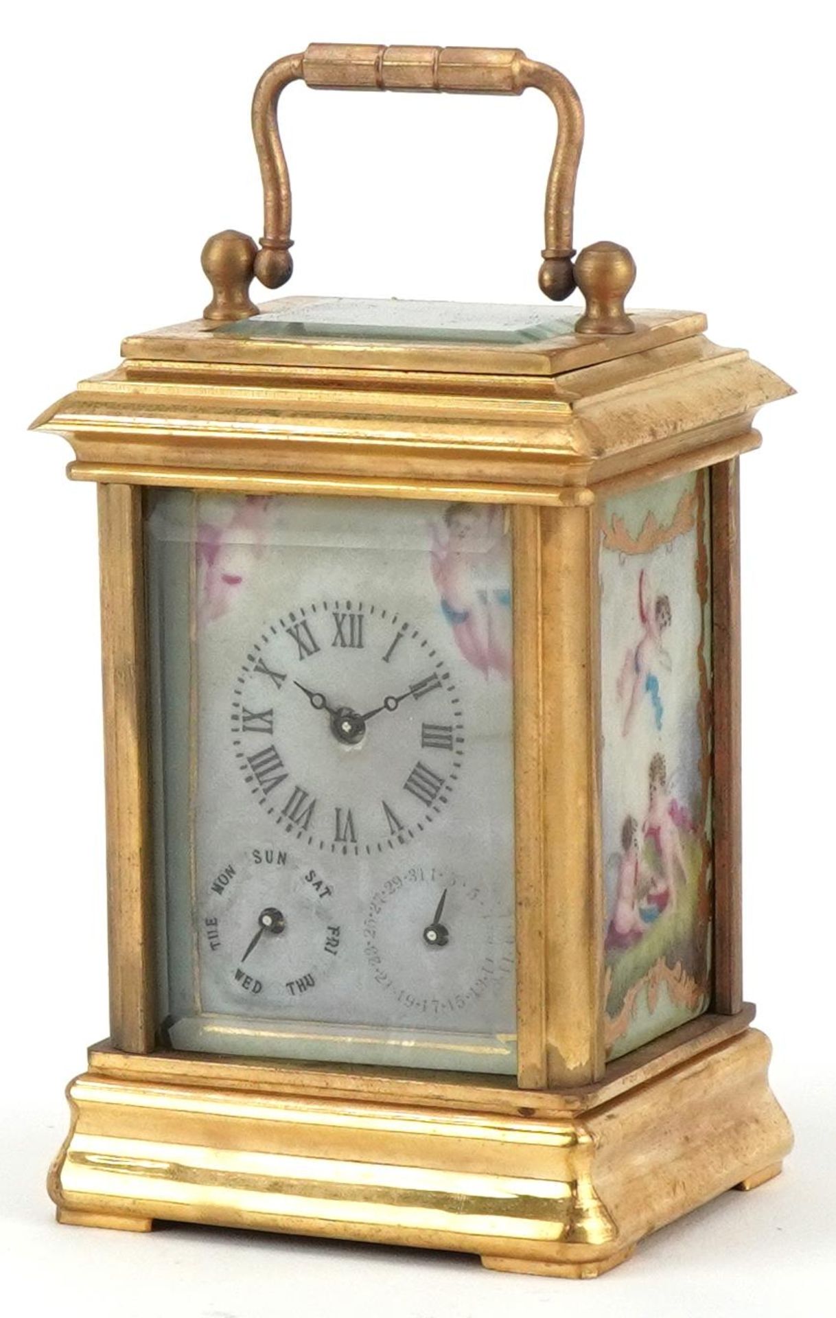 Miniature brass cased carriage clock with Sevres type porcelain panels decorated with Putti, 8cm