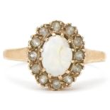 9ct gold cabochon opal and clear stone cluster ring, size K, 2.1g