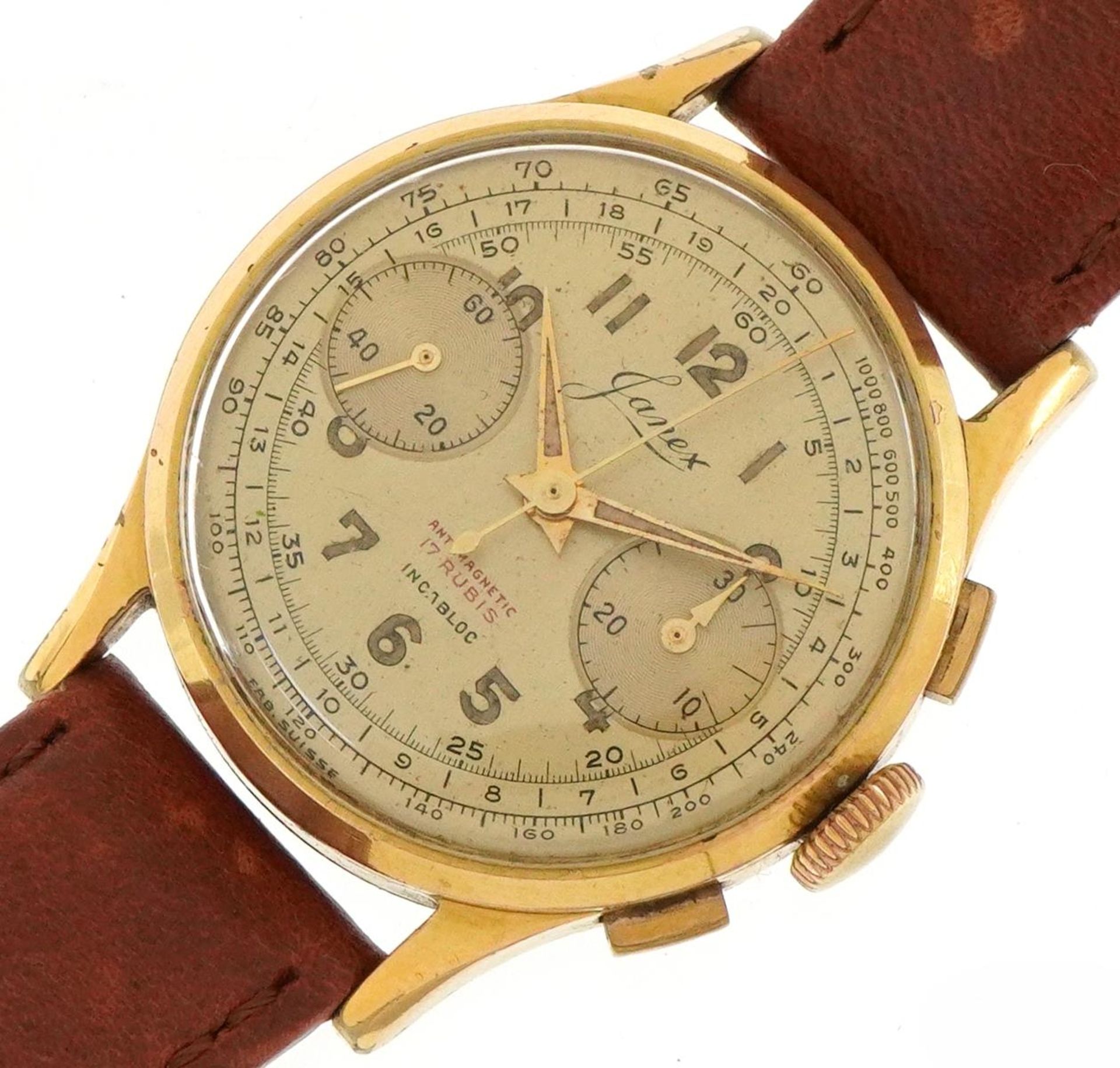 Janex, gentlemen's manual wind chronograph wristwatch having champagne and subsidiary dials with