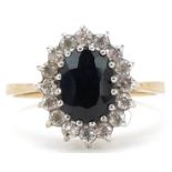 9ct gold sapphire and clear stone cluster ring, size L, 2.1g