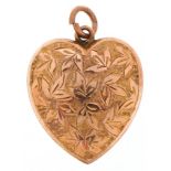 Edwardian 9ct rose gold floral engraved love heart pendant, Chester 1908, 1.9cm high, 1.1g