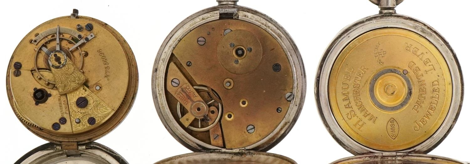 Three gentlemen's silver open face pocket watches having enamelled and subsidiary dials with Roman - Image 3 of 7