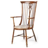 Arts & Crafts beech and elm stick back open armchair with tapestry upholstered seat, raised on