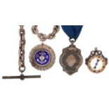 Silver jewellery comprising watch chain with T bar, compass fob and two sports jewels, total 42.0g