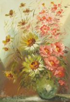 Still life flowers in a vase, European school oil on canvas, bearing an indistinct signature,