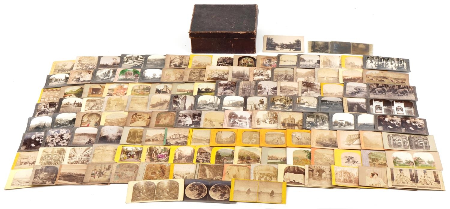 Selection of stereoscopic view cards, some American, including car manufacturing, Europe cards,