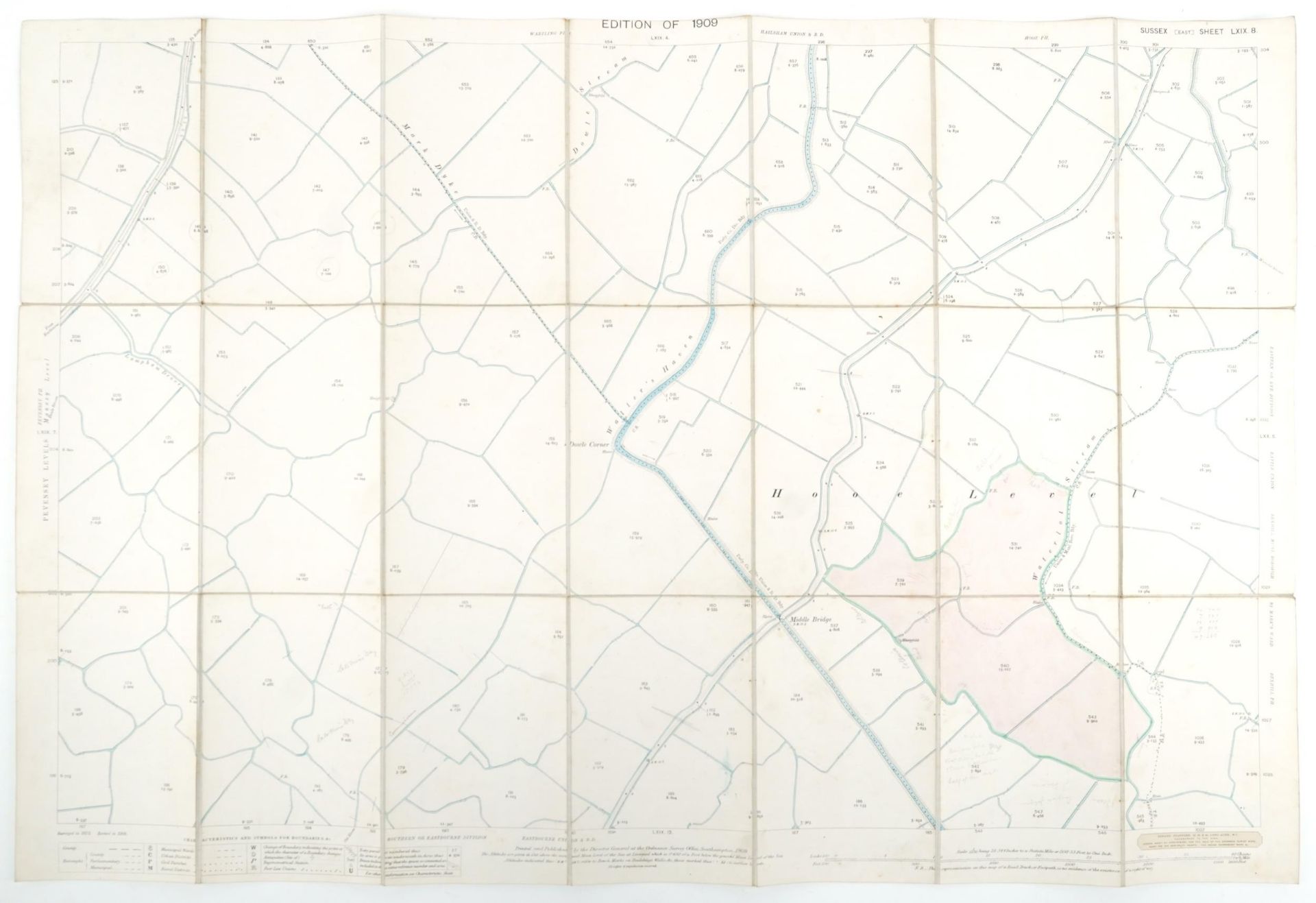 Nine Edwardian coloured folding maps of Sussex farms including Pebsham Farm, Court Lodge Farm, Upper - Image 18 of 21