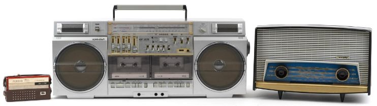 Vintage audio equipment including Sharp GF-575 ghetto blaster, Murphy radio and Perdio portable