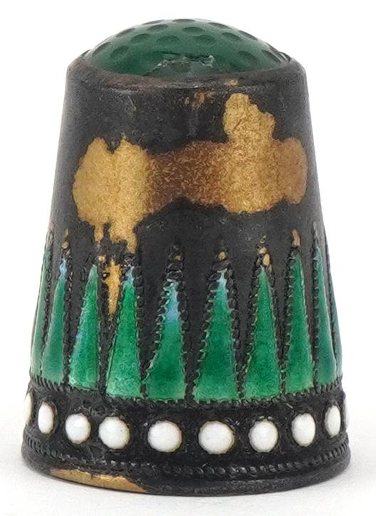 Marius Hammer, Norwegian 930S sterling silver and enamel thimble with green hardstone top and box, - Image 2 of 5