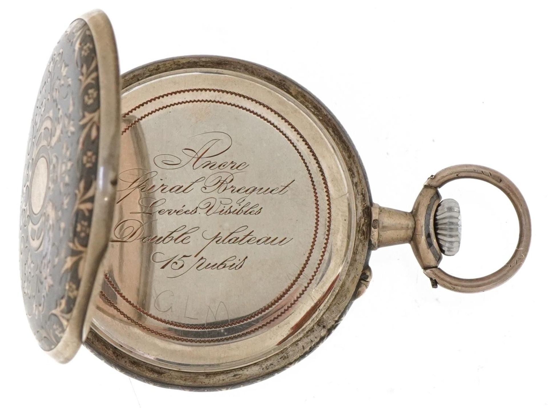 German 800 grade silver niello work open face keyless pocket watch having enamelled and subsidiary - Image 5 of 5