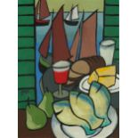 Manner of Markey Robinson - Still life before boats, Irish school gouache, mounted, framed and