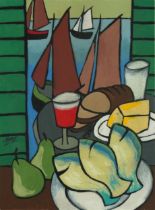 Manner of Markey Robinson - Still life before boats, Irish school gouache, mounted, framed and