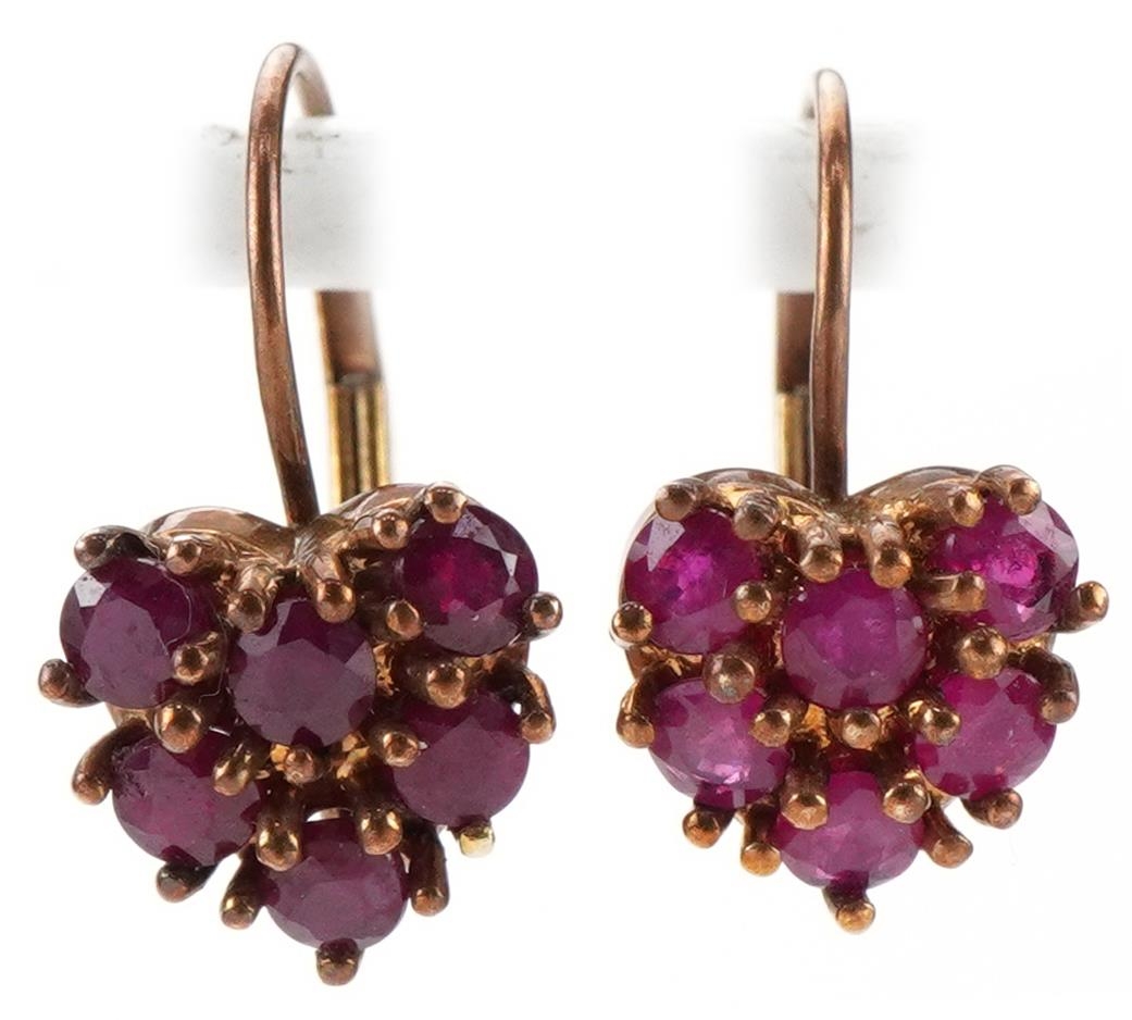 Pair of Mexican 10K gold pink spinel earrings in the form of love hearts, each 1cm high, total 2.2g