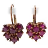 Pair of Mexican 10K gold pink spinel earrings in the form of love hearts, each 1cm high, total 2.2g