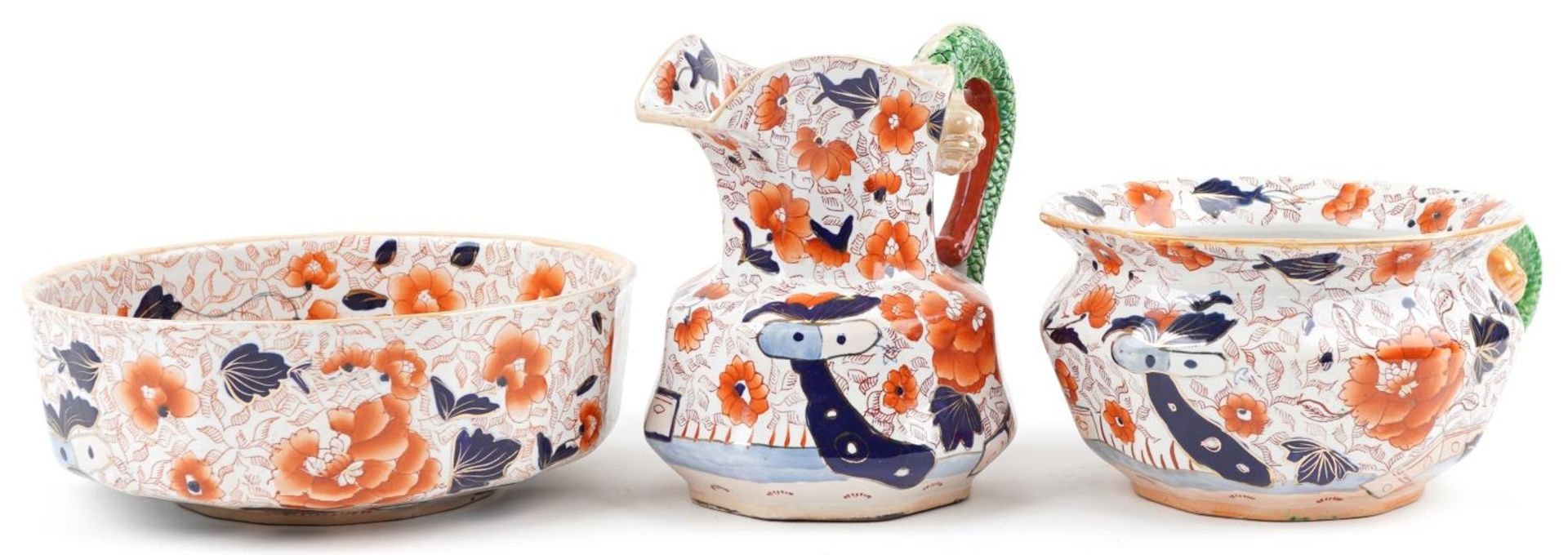 Masons style ironstone wash jug, basin and chamber pot, each decorated in the Imari palette with