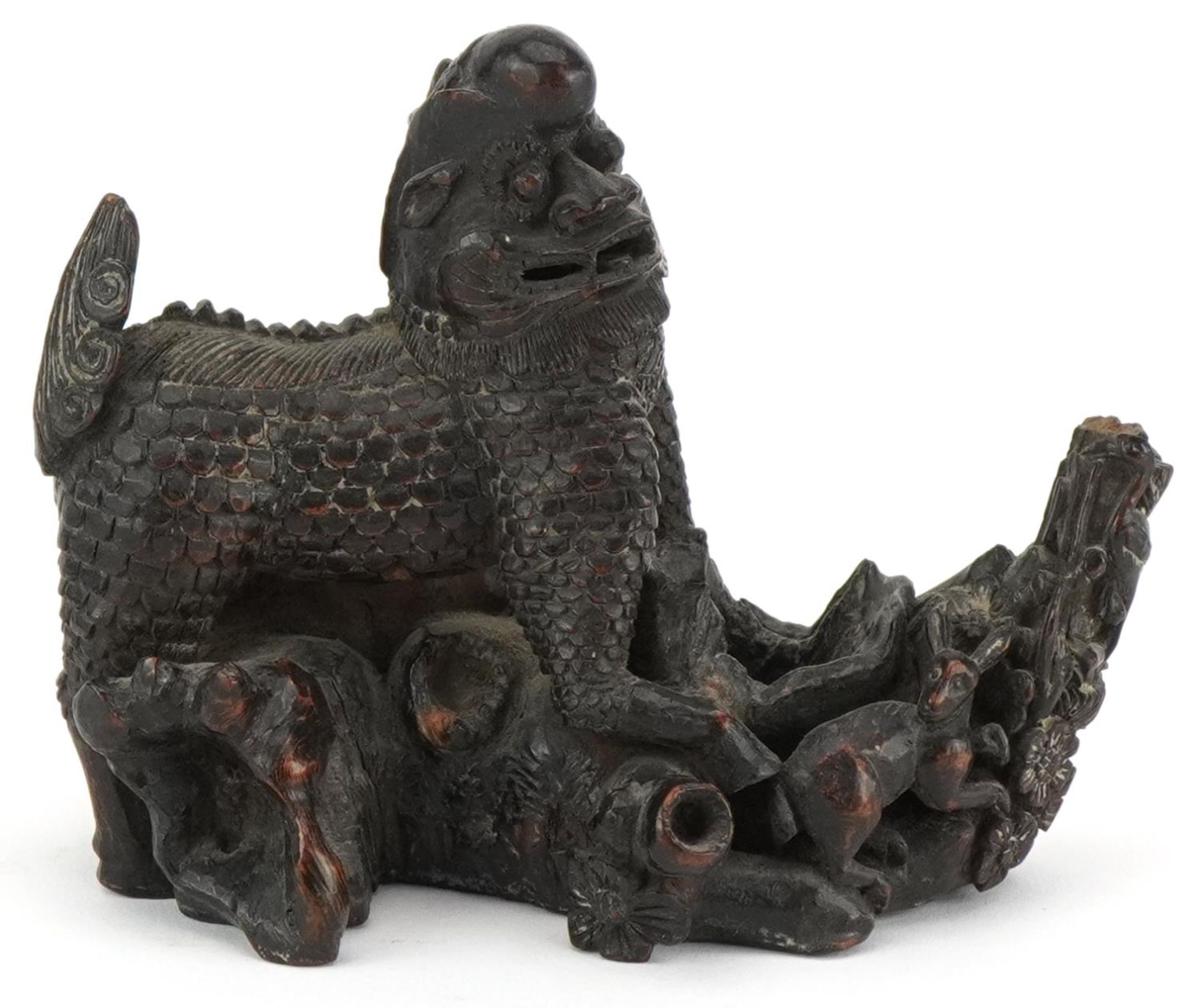 Good quality Chinese carved hardwood Foo dog, rabbit, bird and flowers with fish carved base, 13cm - Image 3 of 7