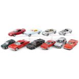 Ten 1:18 scale diecast vehicles including Universal Hobbies Mustang 94, Onso Ford Thunderbird 1963