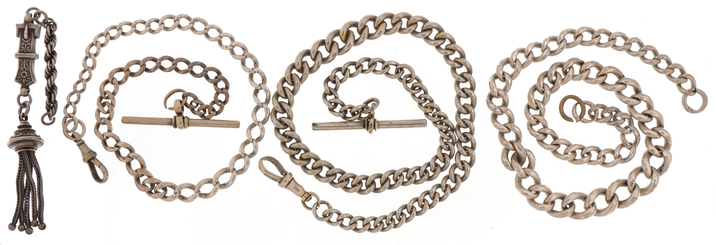 Three silver and white metal watch chains and a Victorian unmarked silver buckle design tassel, - Image 2 of 4