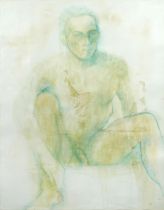 Portrait of a seated nude male, mixed media on card, bearing a monogram MS, framed and glazed, 124cm