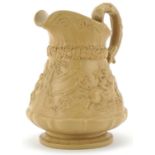 Victorian Ridgeway & Co Parian pitcher decorated with tavern and hunting scenes impressed Hanley,