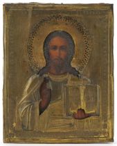 Victorian hand painted wooden religious icon with brass mounts, 22cm x 17cm