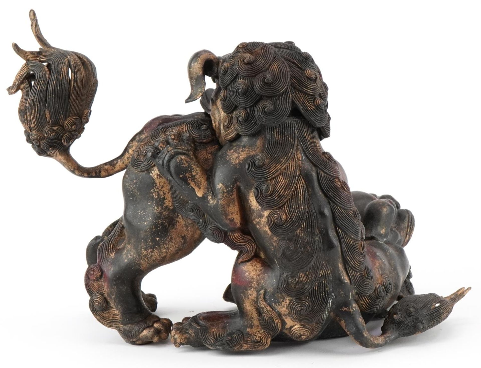 Chinese partially gilt bronze incense burner in the form of two Qulin's, 30cm in length - Image 4 of 7