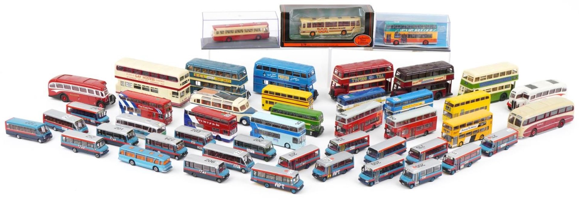 Large collection of diecast model buses, some with boxes, predominantly Corgi and Exclusive First