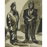 Manner of Josef Herman - Study of two Welsh miners, ink and wash on paper, signed, Herman, mounted