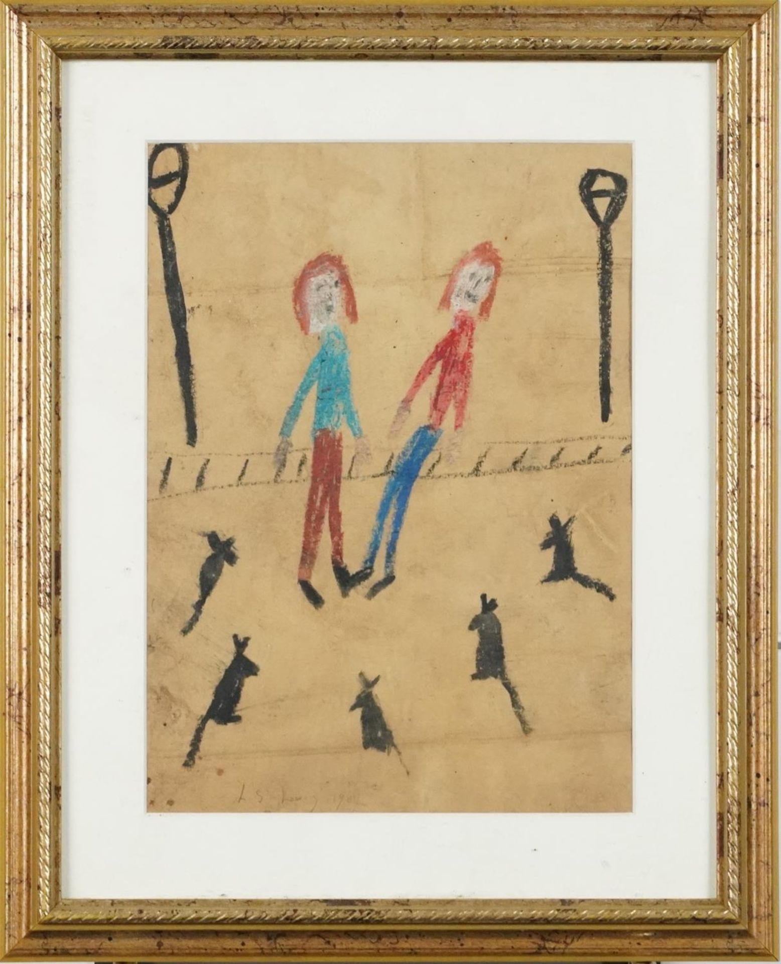 After Laurence Stephen Lowry - Figures and animals, Manchester school mixed media, mounted, framed - Image 2 of 4