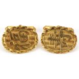 Pair of Chinese 14k gold cufflinks with character marks, each 2.2cm wide, total 6.8g