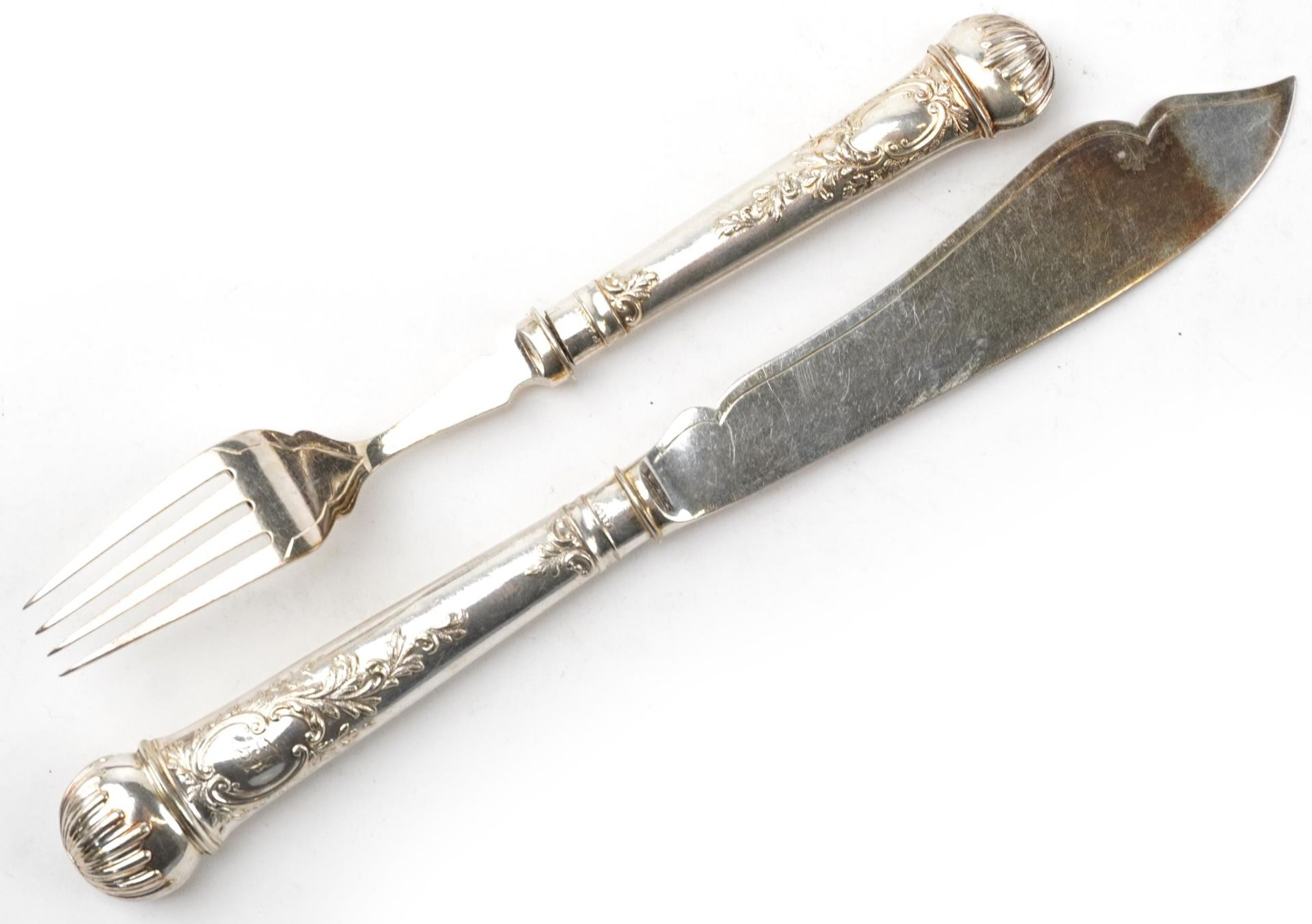 Victorian twelve place canteen of silver plated fish knives and forks engraved and embossed with - Image 5 of 8
