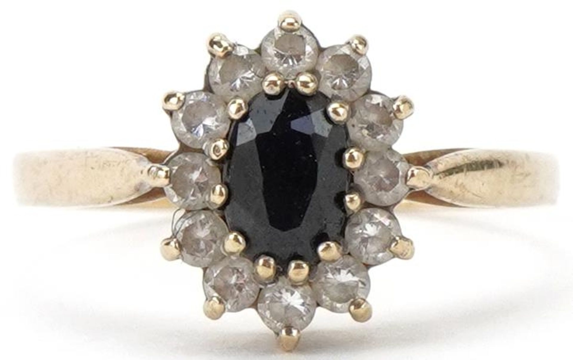 9ct gold sapphire and cubic zirconia cluster ring, size N, 1.7g