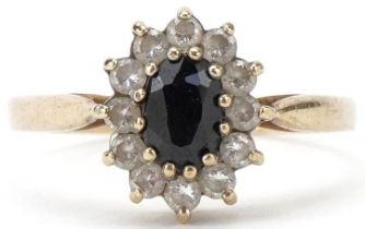 9ct gold sapphire and cubic zirconia cluster ring, size N, 1.7g