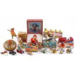 Vintage and later tinplate toys including Tri-ang Giro Cycle with box, Japanese friction driven