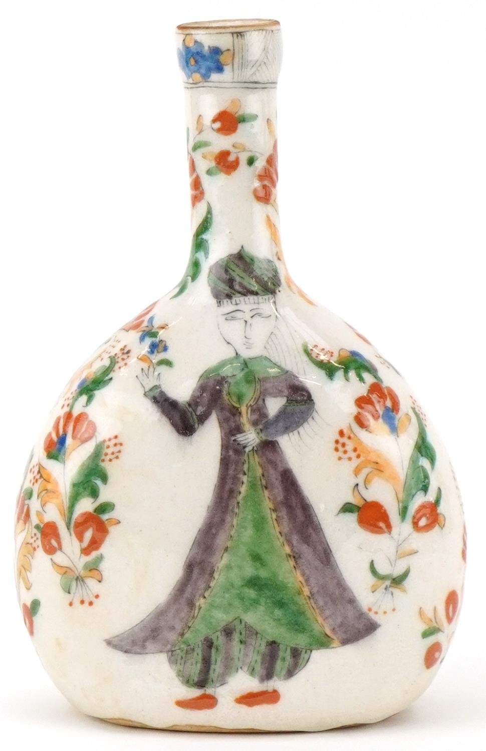 Turkish Ottoman Kutahya water flask hand painted with figures amongst flowers, 22cm high - Image 2 of 3
