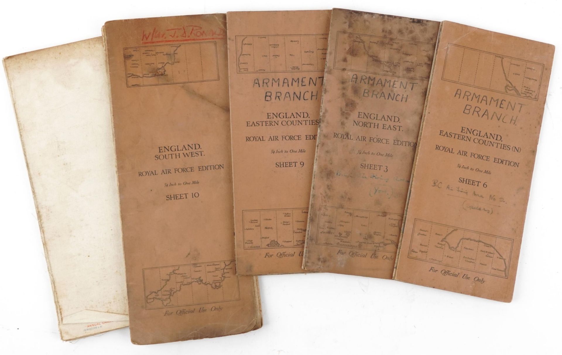 Five military interest RAF aeronautical canvas backed folding maps including England South West