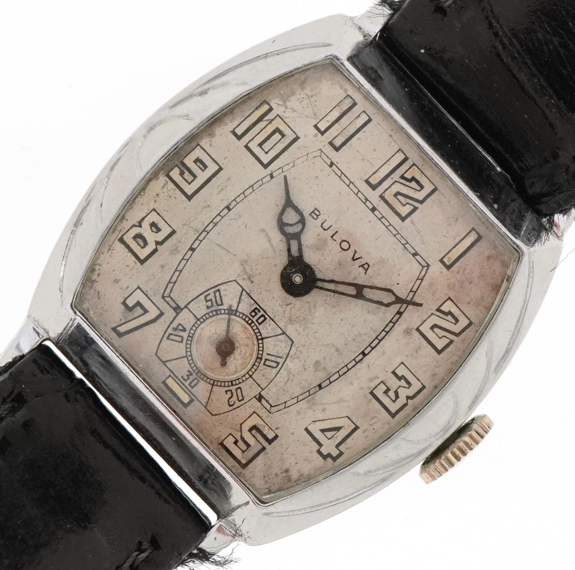 Bulova, Art Deco gentlemen's manual wind wristwatch having silvered and subsidiary dials with Arabic