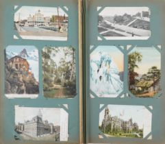Photographic and topographical postcards housed in an album including American postcards, village